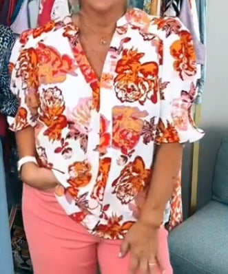 Ladies nan loose blouse with gathered puff sleeves and button placket Mune Fashion