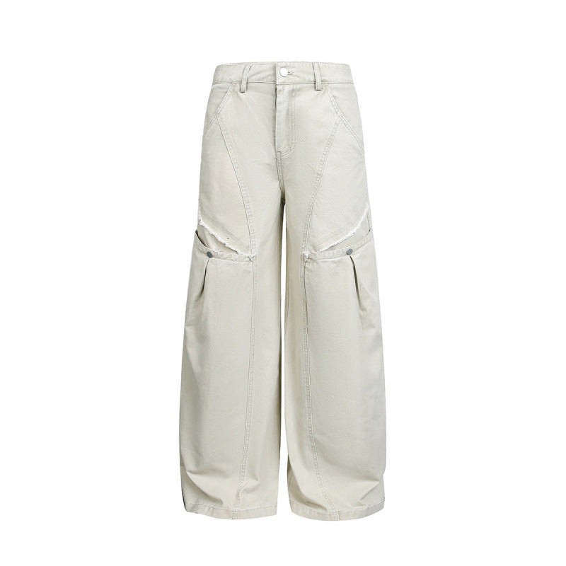 Women's Wide Balloon Cargo Pants with High Waist, Large Flap Pockets and Visible Stitching Details Mune Fashion