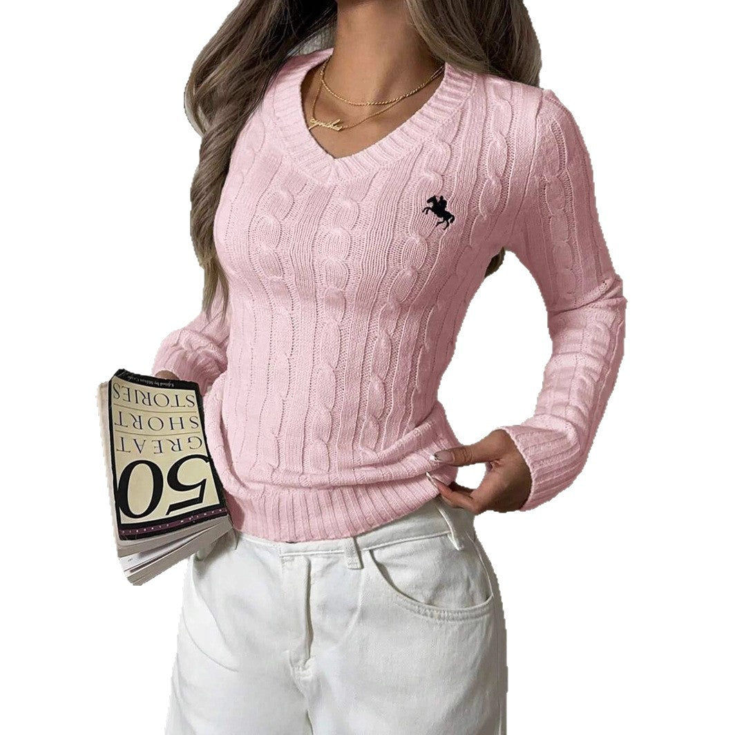 Women's Fine Knit Sweater with V-Neck and Textured Cable Pattern Mune