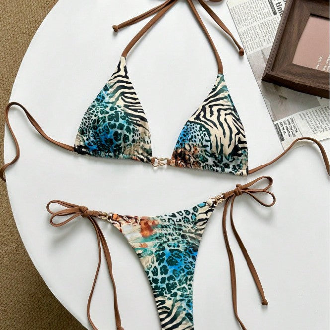 Women's triangle bikini with exciting animal print and fashionable tie bands Mune Fashion