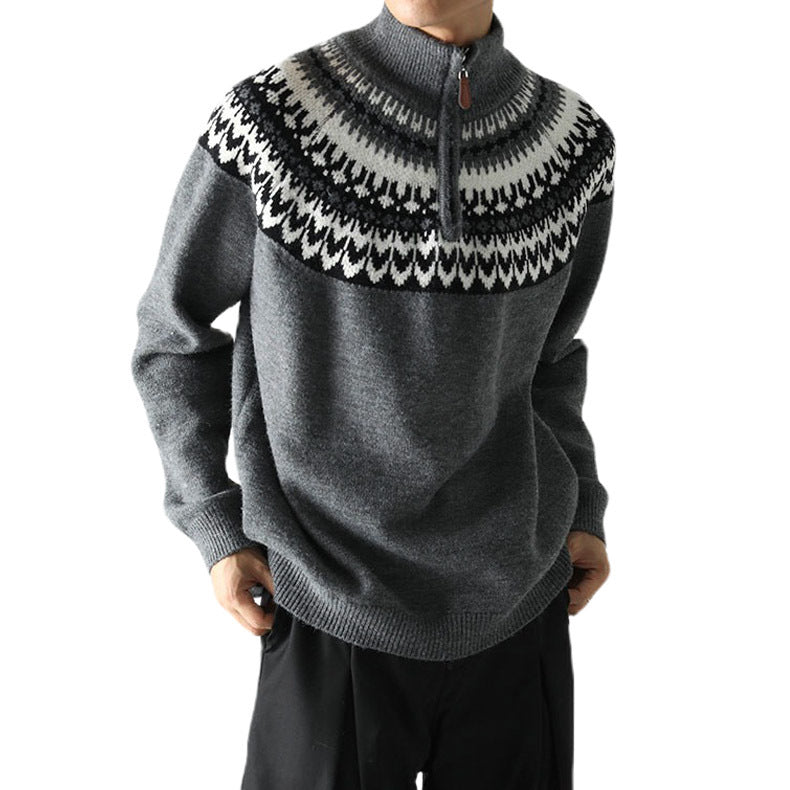 Men's chunky knit pullover with stand-up collar and zipper Mune Fashion
