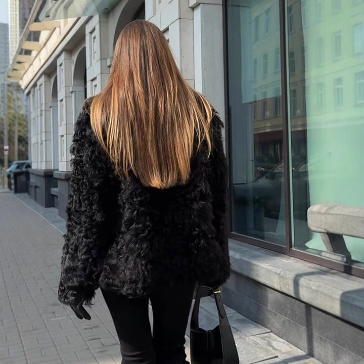 Women's Boxy Short Coat made of crinkled Faux Fur with structured wave pattern and open front Mune Fashion