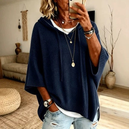 Women's oversized knit poncho with hood and short sleeves Mune Fashion