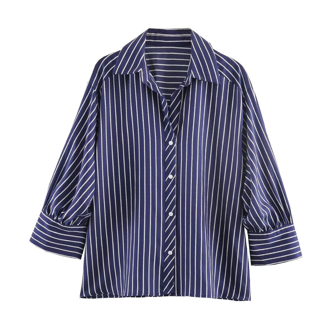 Women Oversized Shirt Blouse with Vertical Stripes, Balloon Sleeves and Wide Cuffs Mune Fashion