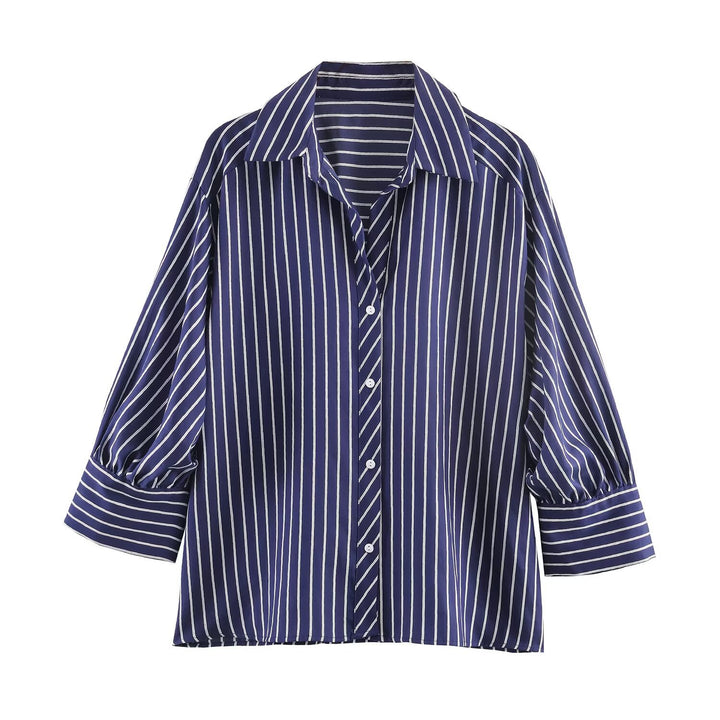 Women Oversized Shirt Blouse with Vertical Stripes, Balloon Sleeves and Wide Cuffs Mune Fashion