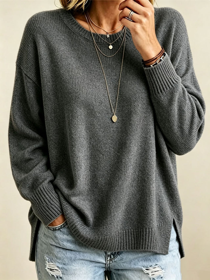 Women Loose Fit Round Neck Fine Knit Sweater with Side Slits and Ribbed Cuffs Mune Fashion