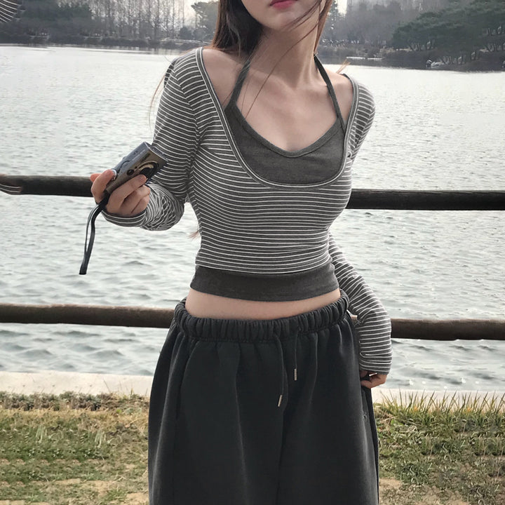 Women's gathered layering cropped top with integrated bustier and fine stripe knit Mune Fashion