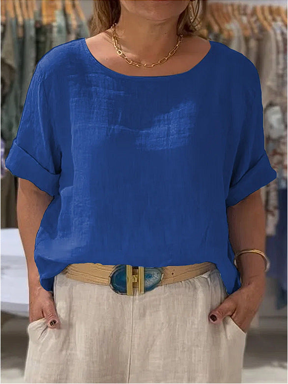 Women Lightweight Linen Blouse with Turned-up Sleeves Mune Fashion