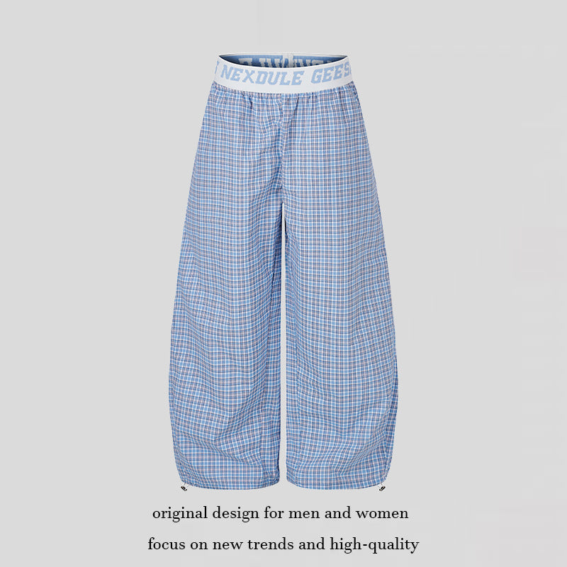 Women's Wide Checkered Lounge Pants with Elastic Logo Waistband and Drawstring Hem Mune Fashion
