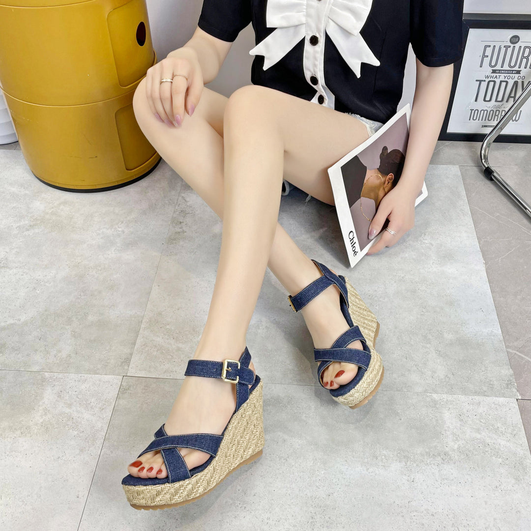 Ladies nan Wedge Espadrille Sandal with braided jute platform, crossed textile straps and adjustable metal buckle Mune Fashion
