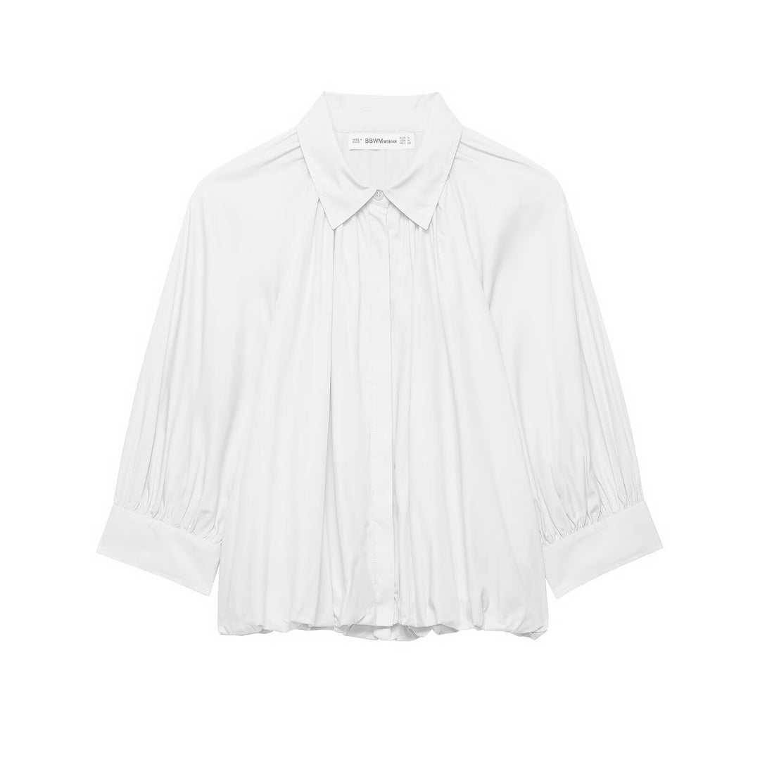 Women's Oversize Shirt Blouse with Pleats, Balloon Sleeves and Ruffled Hem Mune Fashion