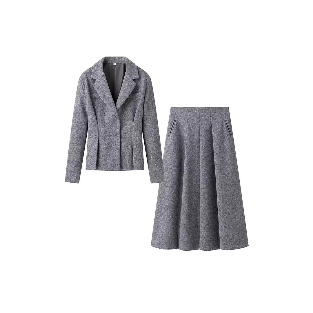 Women's Elegant Wool Blend Suit with Fitted Short Blazer and Flared Midi Skirt Mune Fashion