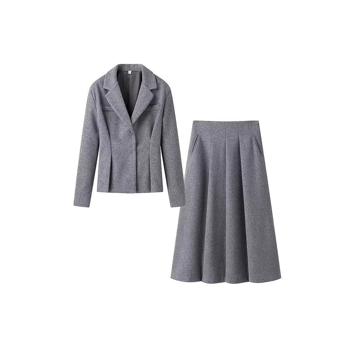 Women's Tailored Wool Blend Suit with Short Blazer and Pleat-Like Midi Skirt Mune Fashion