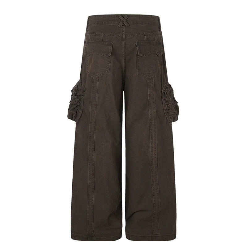 Women's wide utility cargo pants with gathered side pockets and decorative seams Mune Fashion