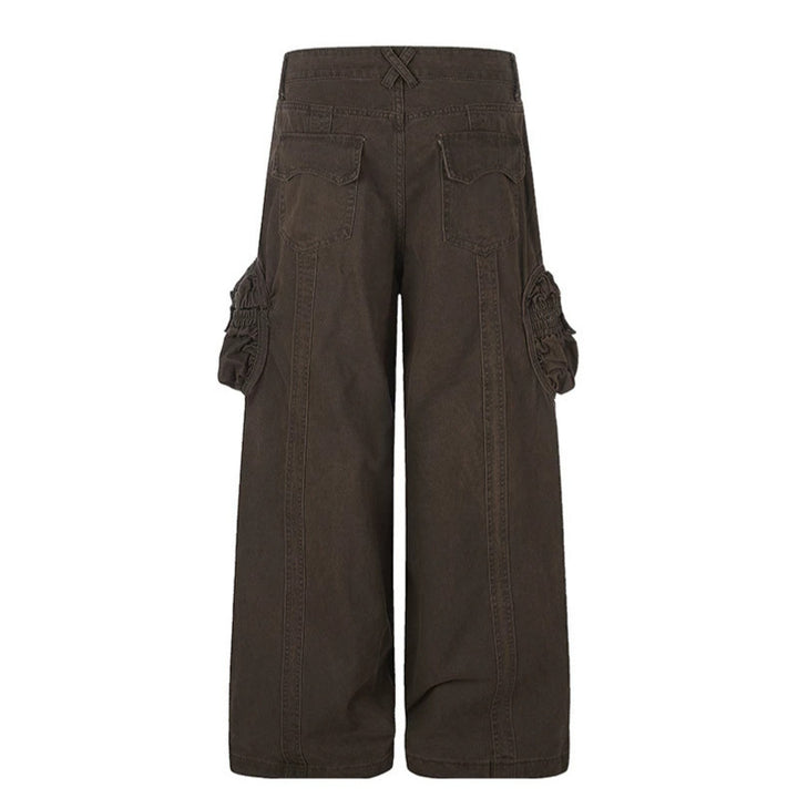 Women's wide utility cargo pants with gathered side pockets and decorative seams Mune Fashion