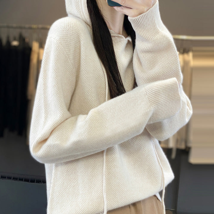 Women soft fine-knit hooded sweater with mottled texture and ribbed cuffs Mune Fashion