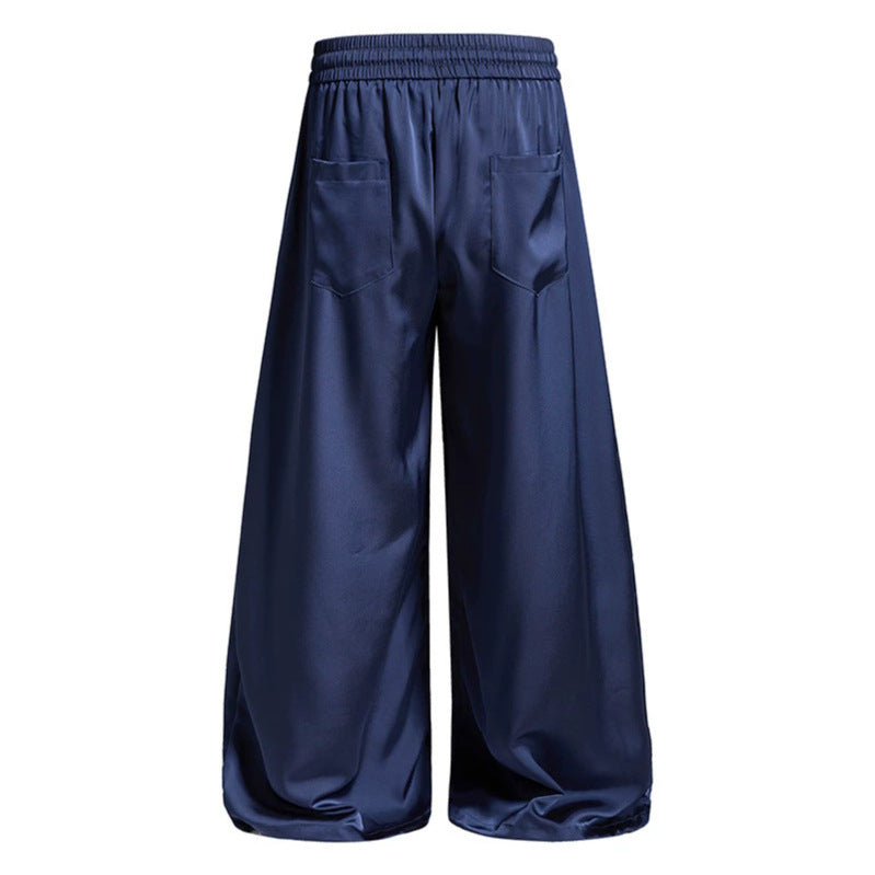 Women's Wide Satin Palazzo Lounge Pants with Elastic Waistband, Drawstring, and Script Print Mune Fashion