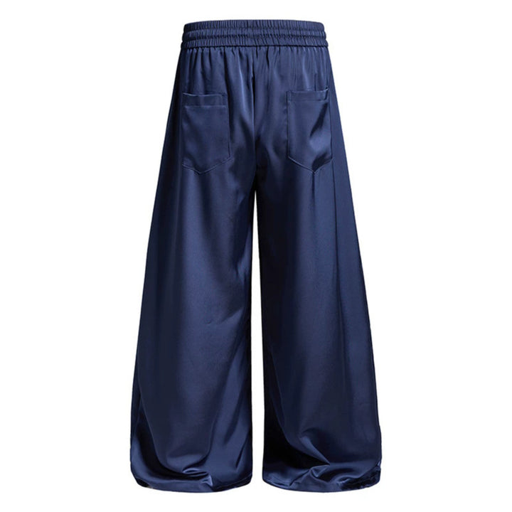 Women's Wide Satin Palazzo Lounge Pants with Elastic Waistband, Drawstring, and Script Print Mune Fashion
