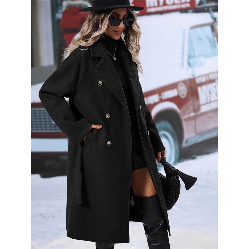 Women's double-breasted wool coat with belt and wide lapel collar Mune Fashion