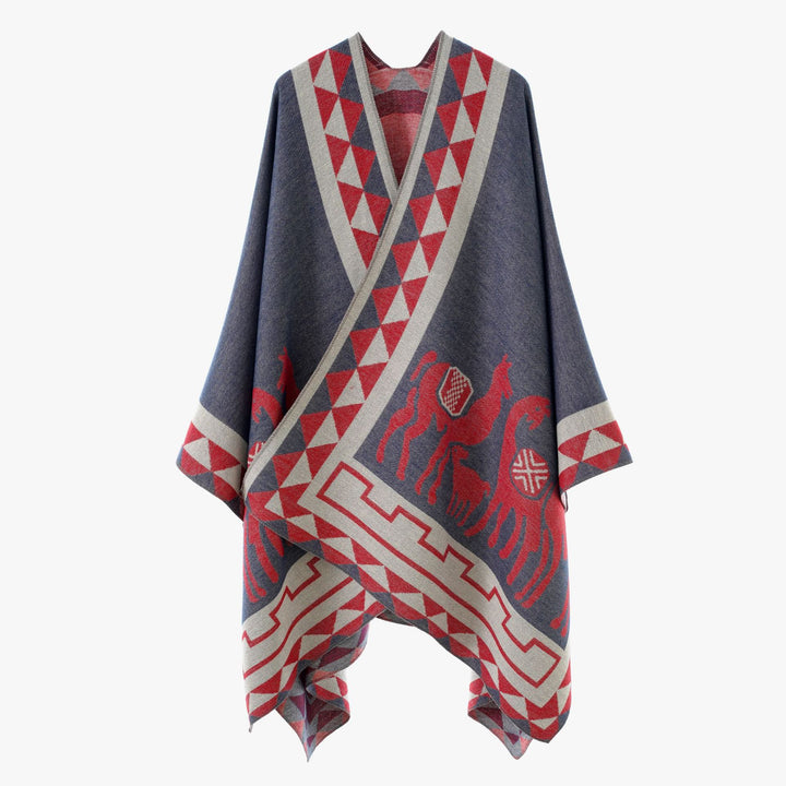 Women's Jacquard Poncho with Riding Motif and Geometric Border Pattern Mune Fashion