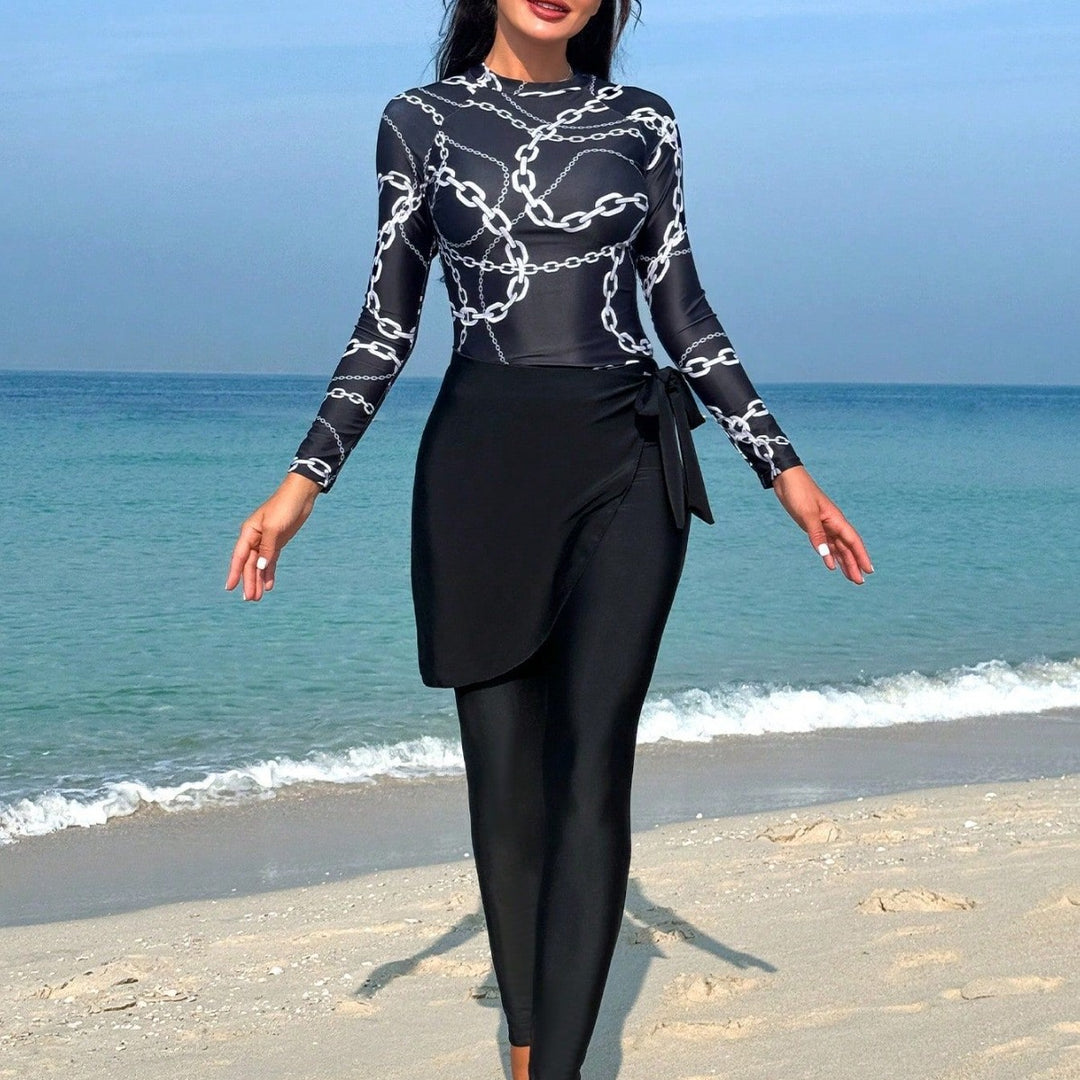 Women Fashionable Long Sleeve Swimwear Suit with Wrap Skirt Mune Fashion