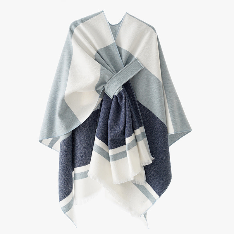 Women's oversized cape poncho made of wool blend with tie loop and striped border Mune Fashion