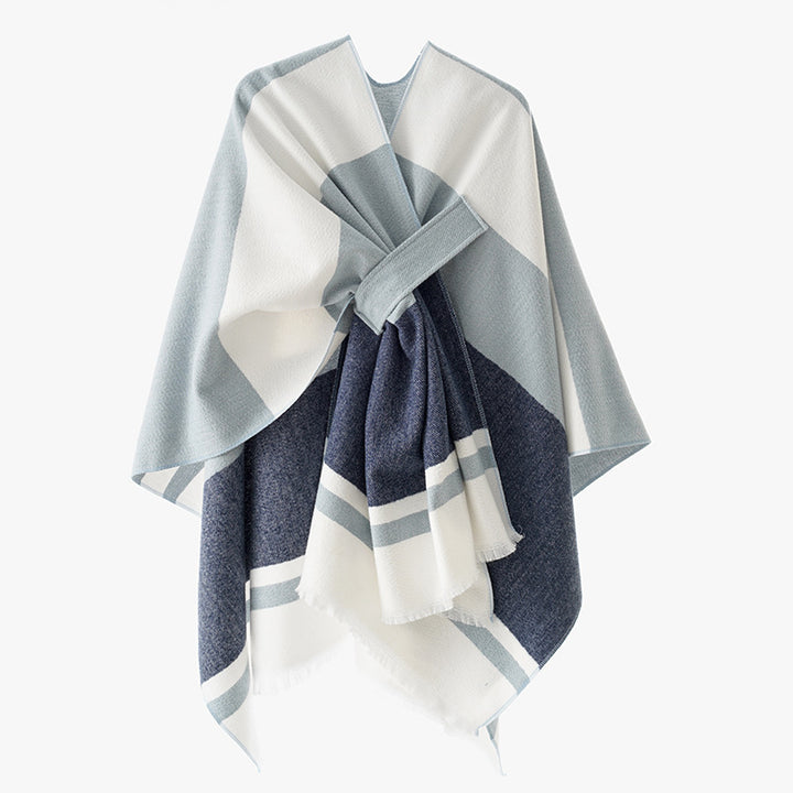 Women's oversized cape poncho made of wool blend with tie loop and striped border Mune Fashion