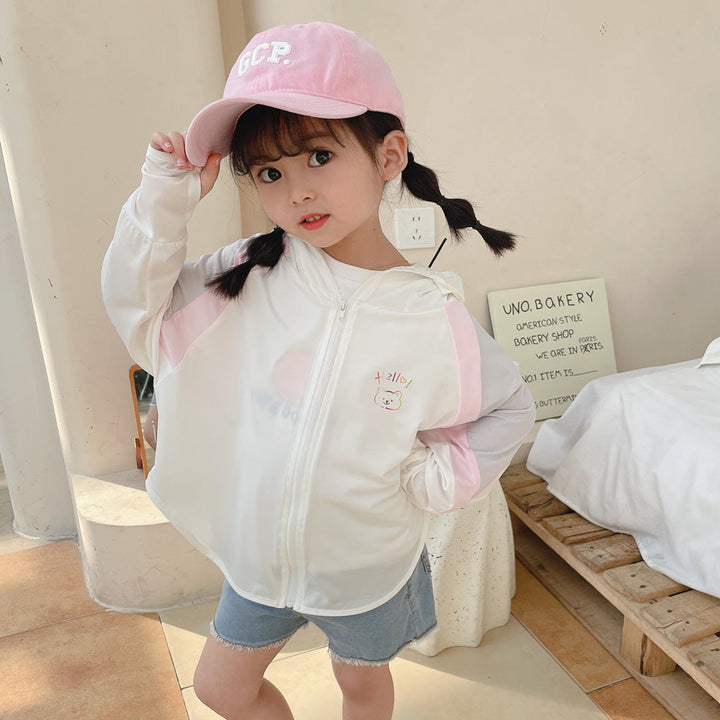 Unisex nan ultralight children's sun protection jacket with hood, zipper, mesh lining, and bear embroidery Mune Fashion