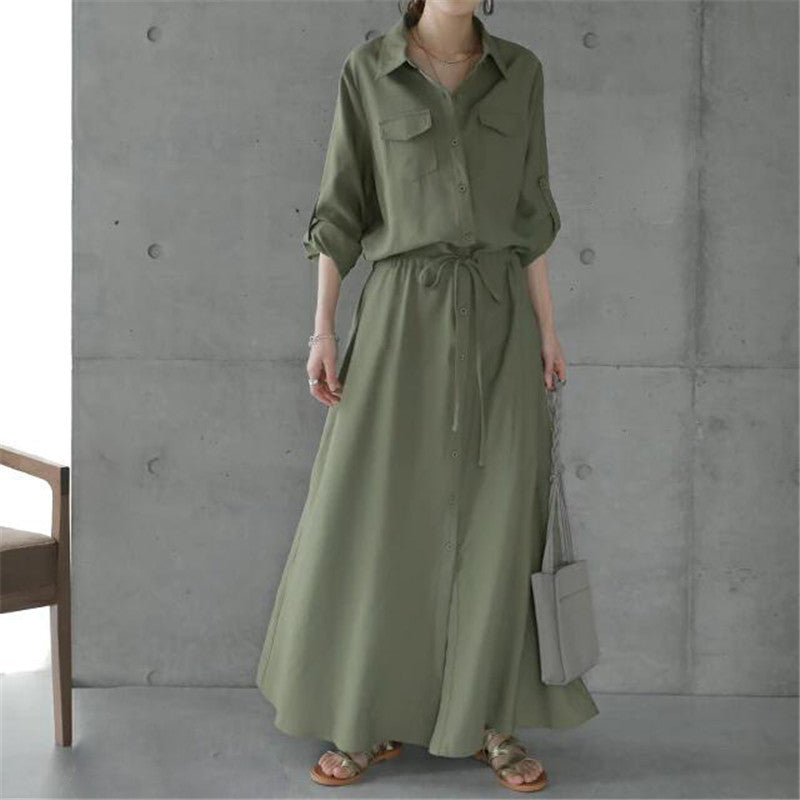 Ladies long shirt dress with drawstring waist and patch chest pockets Mune Fashion
