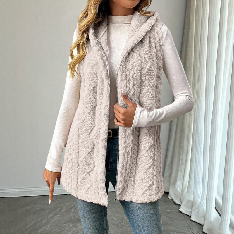 Women's Hooded Teddy Vest with Zipper and Structured Knit Look Mune Fashion