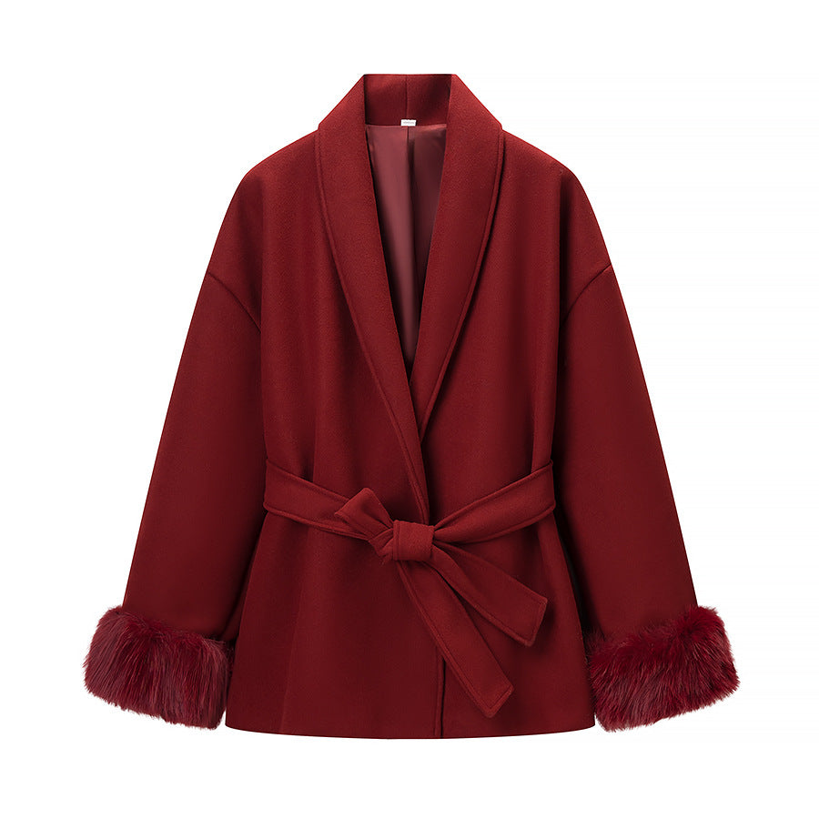 Women’s Wrap Coat with Tie Belt and Fur Trim on the Sleeves Mune Fashion
