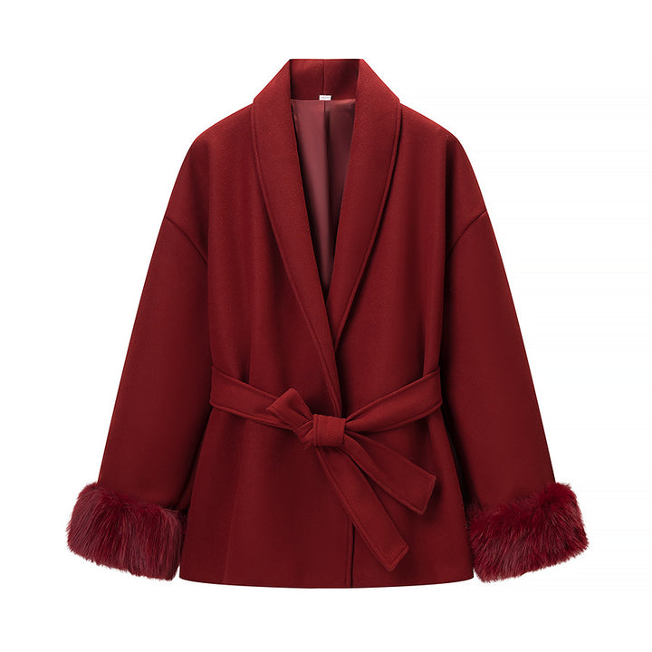 Women’s Wrap Coat with Tie Belt and Fur Trim on the Sleeves Mune Fashion