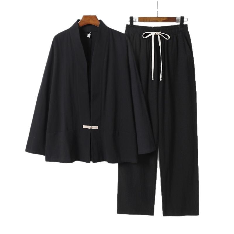 Men's Zen-inspired kimono loungewear set made of lightweight cotton blend with open cut and drawstring pants Mune Fashion
