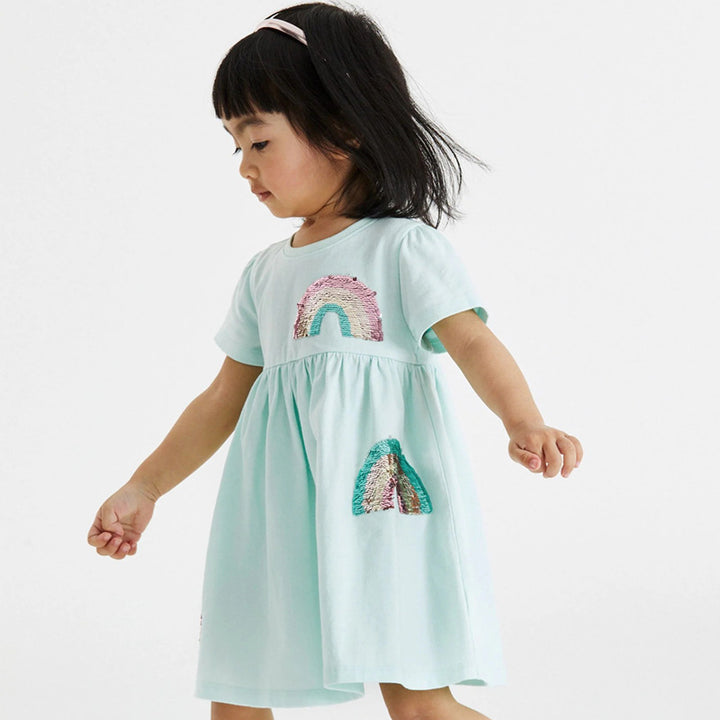 Girls Short Sleeve T-Shirt Dress with Colorful Glitter Rainbow Design Mune Fashion