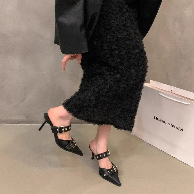 Women's pointed toe mule slippers with double buckle strap, eyelet detail, and low kitten heel Mune Fashion
