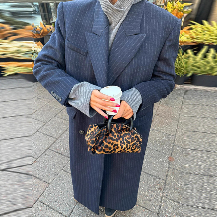 Women Long Cut Double Breasted Pinstripe Coat with Notch Collar Mune Fashion