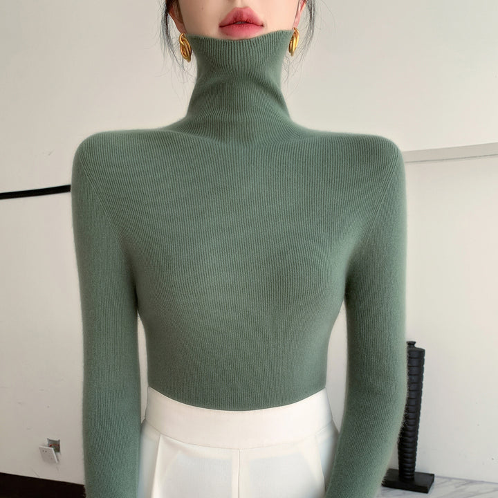Women Slim Fine Knit Sweater with High Roll Neck and Fine Rib Structure Mune Fashion