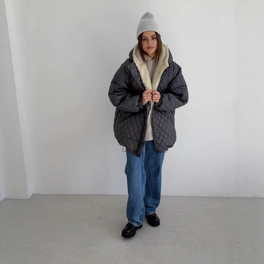 Women's Oversize Quilted Jacket with Teddy Lining and Hood Mune Fashion
