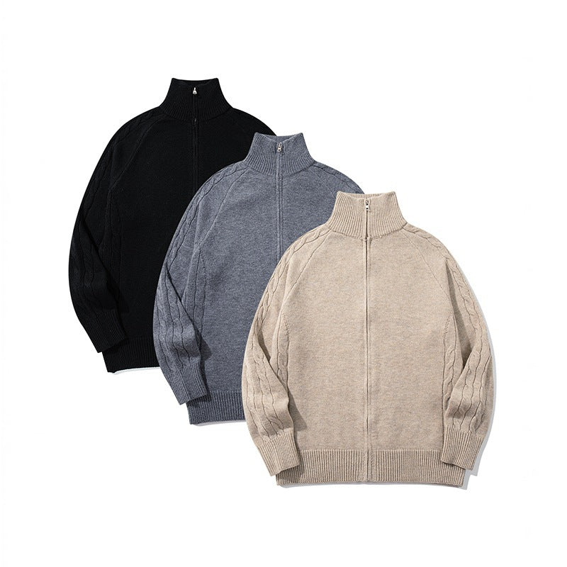 Unisex Boxy Zip Cardigan with Stand-up Collar, Cable Knit Sleeves and Ribbed Hems Mune Fashion