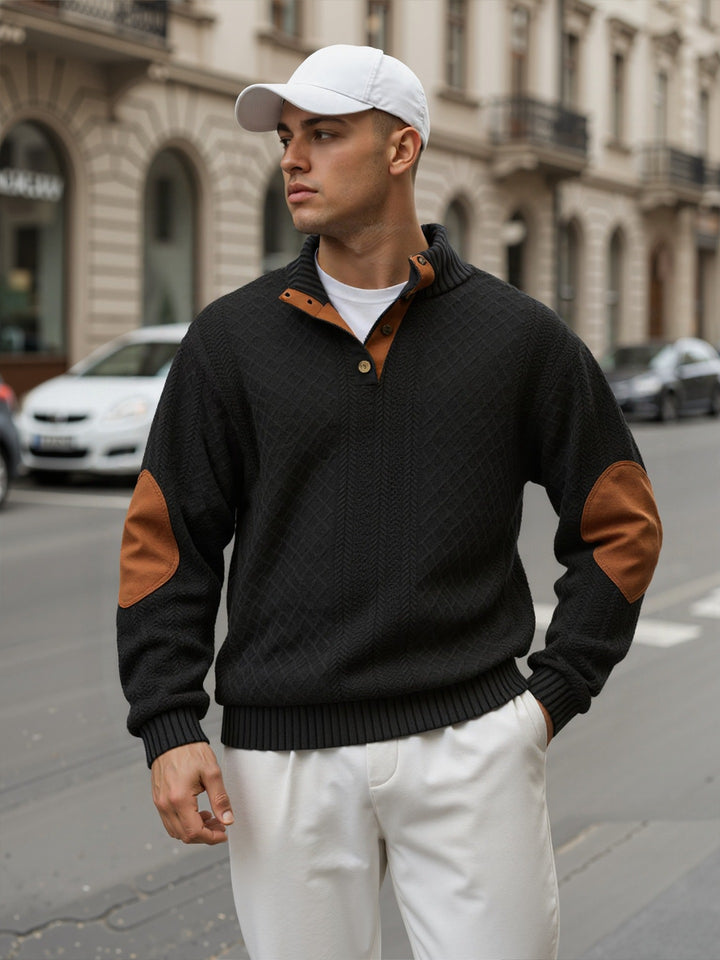 Men's troyer sweater with stand-up collar, structured knit look and contrast elbow patches Mune Fashion