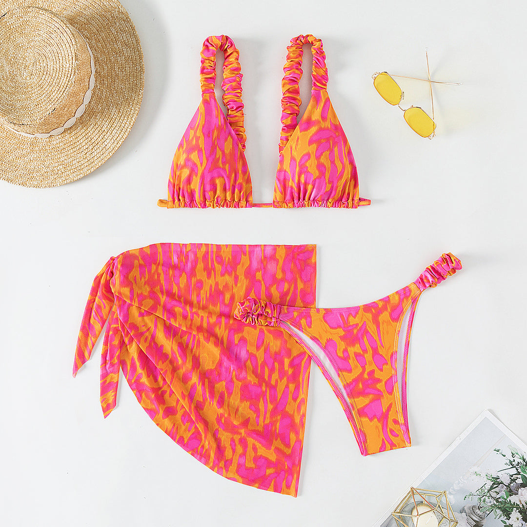 Women's Triangle Bikini Set with Ruffle Details and Trendy Wrap Tunic Mune Fashion