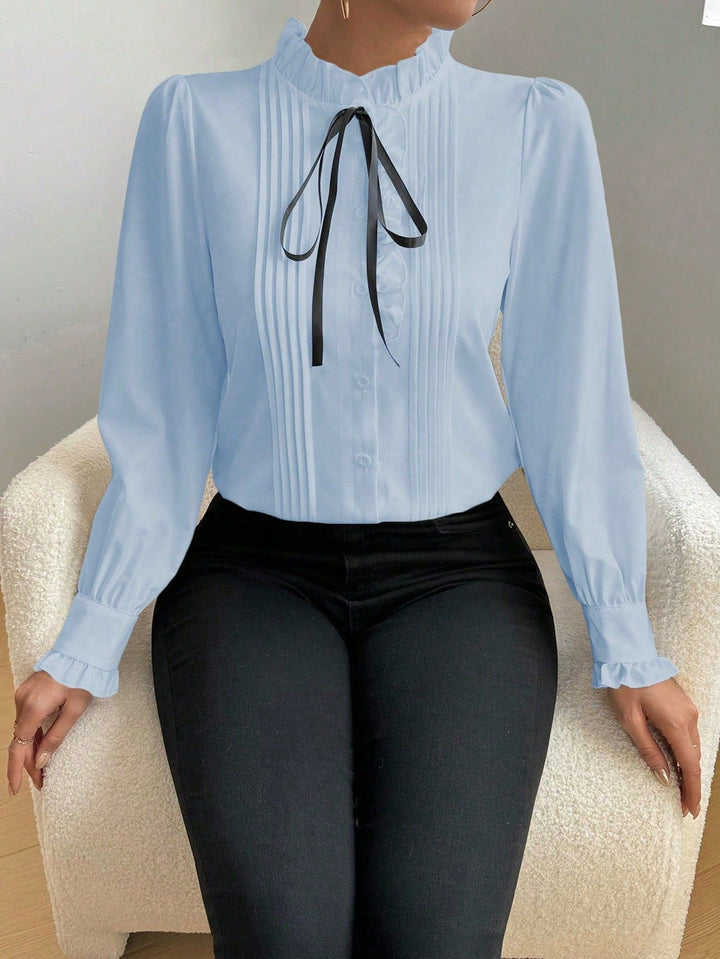 Women's ruffle blouse with stand-up collar, vertical pleats and ribbon tie Drune
