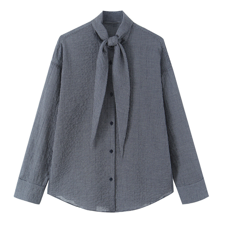 Women's Oversize Blouse with Bow Collar and Fine Vichy Check Mune Fashion
