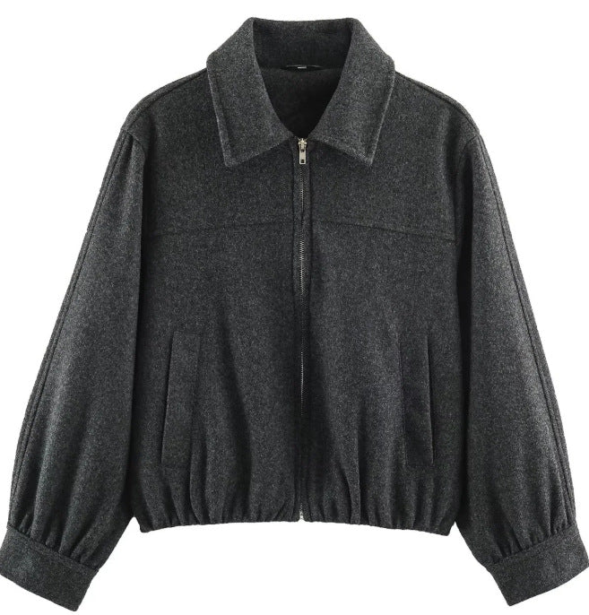 Women’s Short Cut Wool Bomber Jacket with Zipper and Elastic Hem Mune Fashion