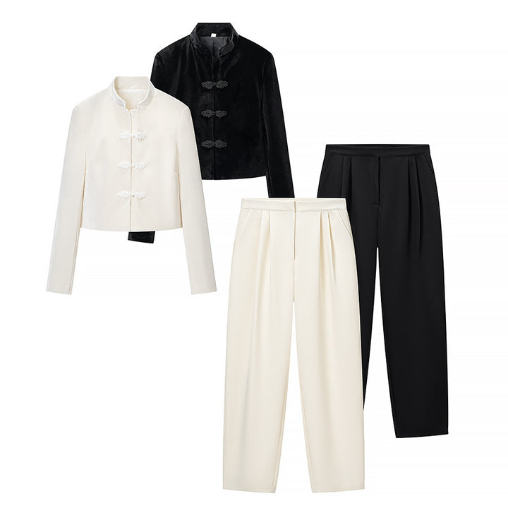 Women's Two-Piece Set with Tailored Short Mandarin Jacket and High-Waisted Pleated Trousers Mune Fashion