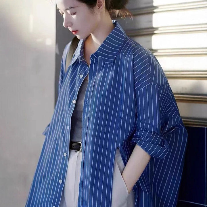 Women Oversized Striped Shirt with Extended Hem and Boxy Fit Mune Fashion