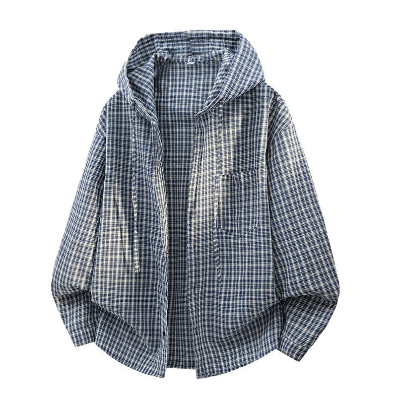 Men's Oversized Checkered Shirt with Hood, Drawstring & Concealed Button Placket Mune Fashion