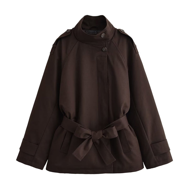 Women's Short Cape Trench Coat with Stand-up Collar, Shoulder Straps and Belt Mune Fashion