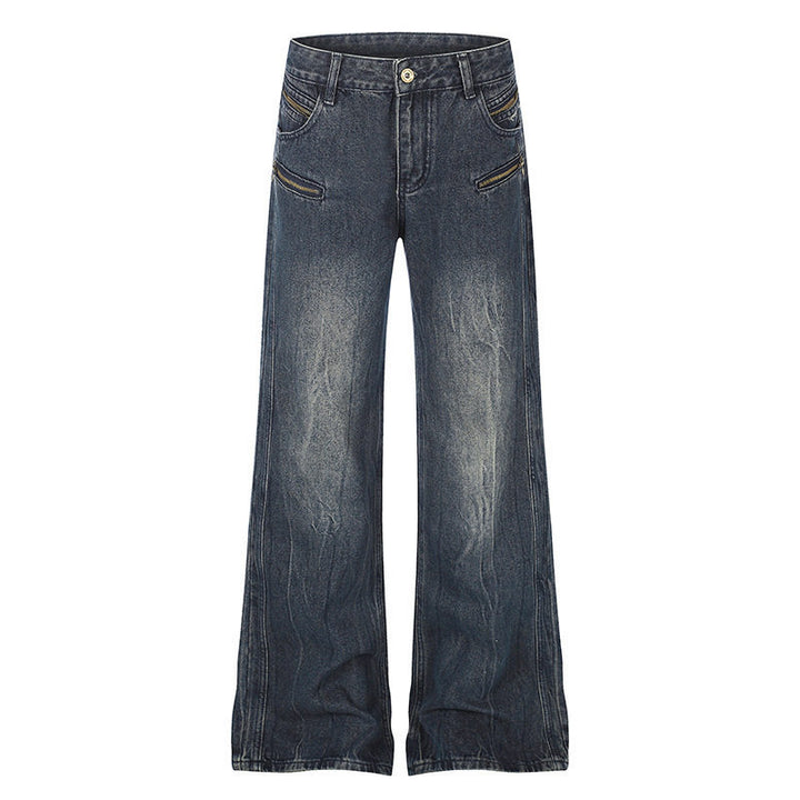 Women's Wide Denim Palazzo Jeans with High Waist and Decorative Zipper Pockets Mune Fashion
