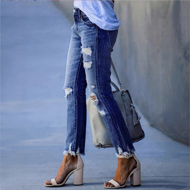 Ladies ankle-length straight-cut destroyed jeans with high waist and frayed hem Mune Fashion
